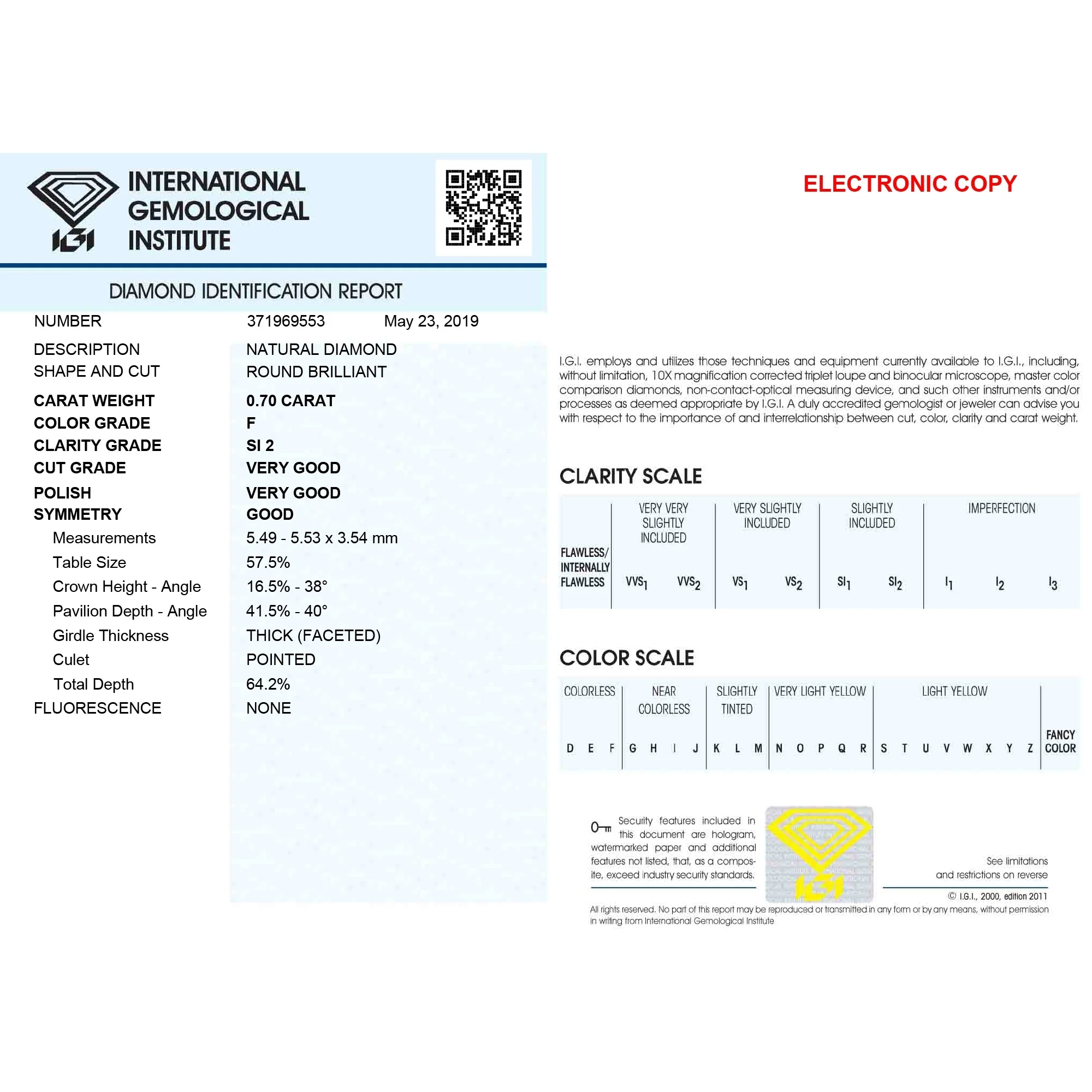 0.70 Carat F Color SI2 Clarity IGI Certified Natural Round Brilliant Cut Diamond - Image 5