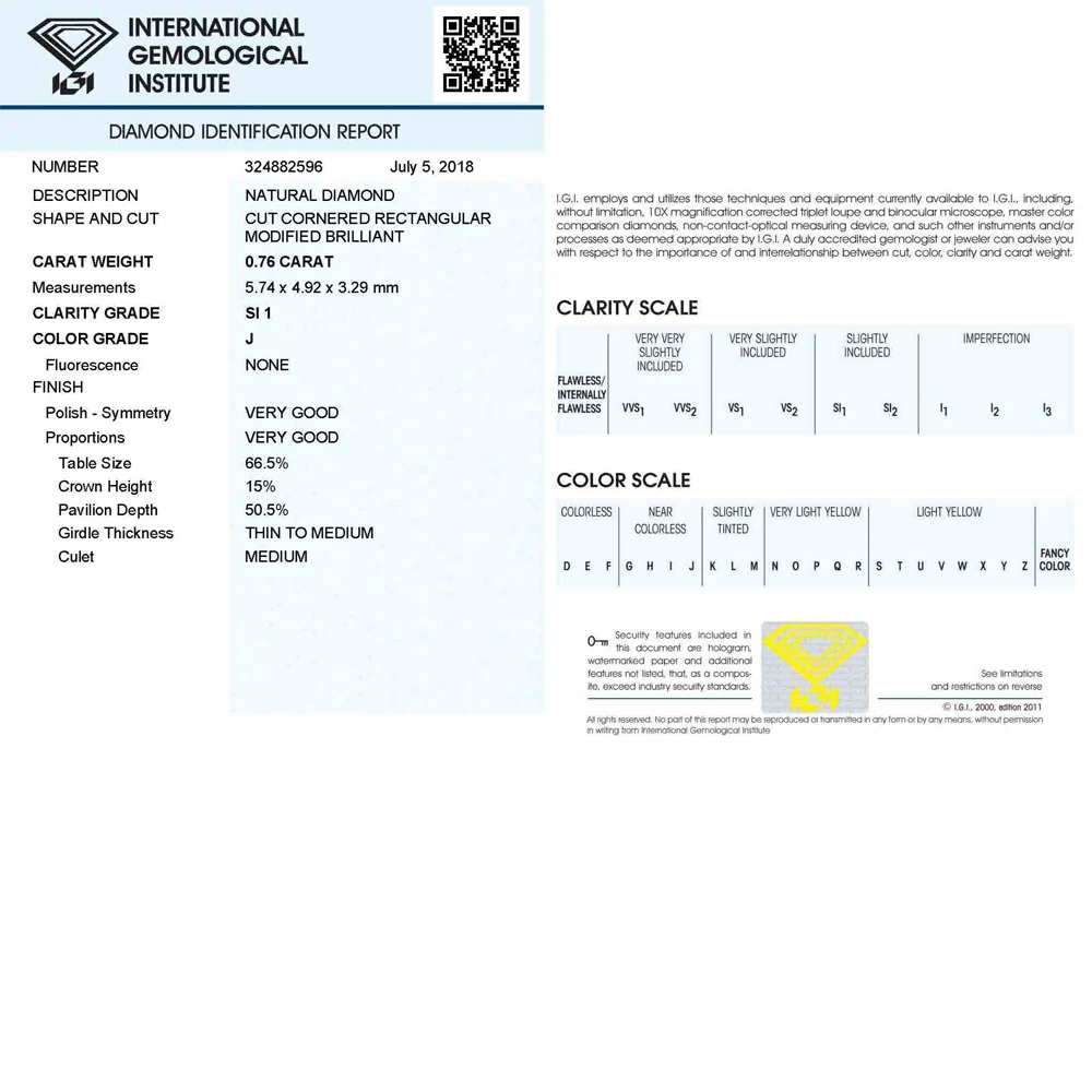 0.76 Carat J Color SI1 Clarity IGI Certified Natural Radiant Cut Diamond - Image 4