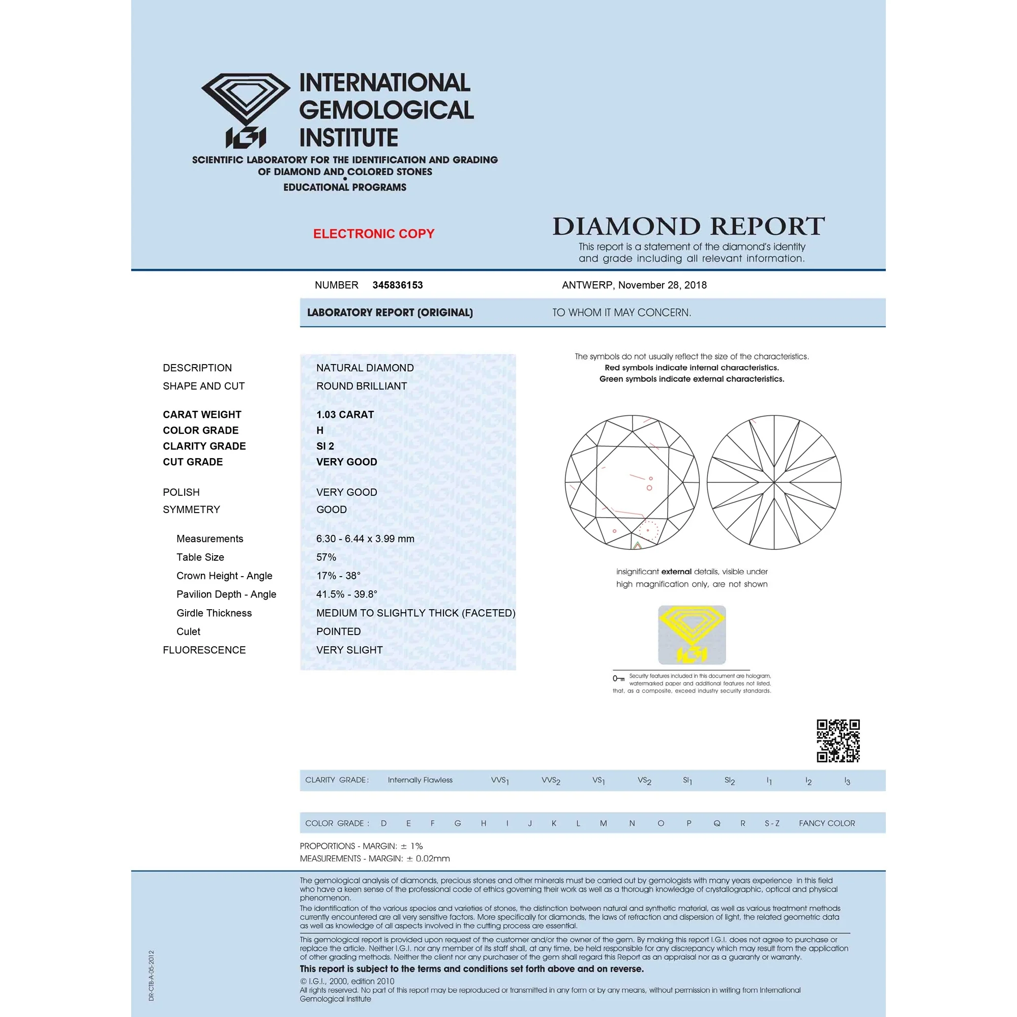 1.03 Carat H Color SI2 Clarity IGI Certified Natural Round Brilliant Cut Diamond - Image 4