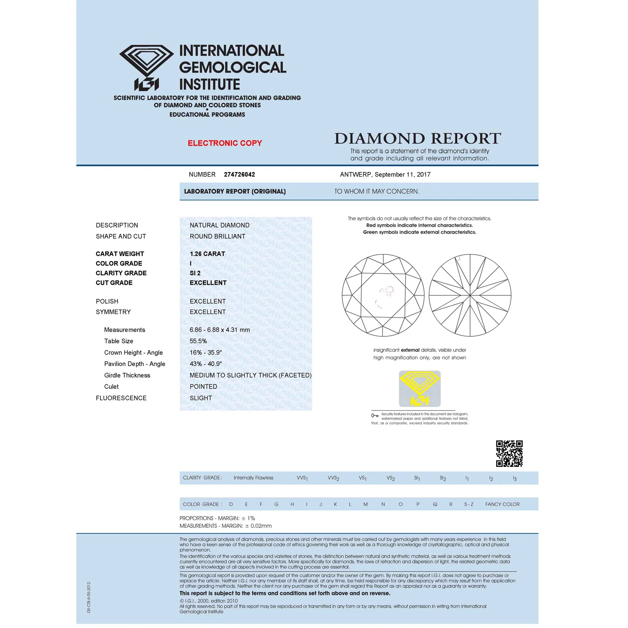 1.26 Carat I Color SI2 Clarity IGI Certified Natural Round Brilliant Cut Diamond - Image 2