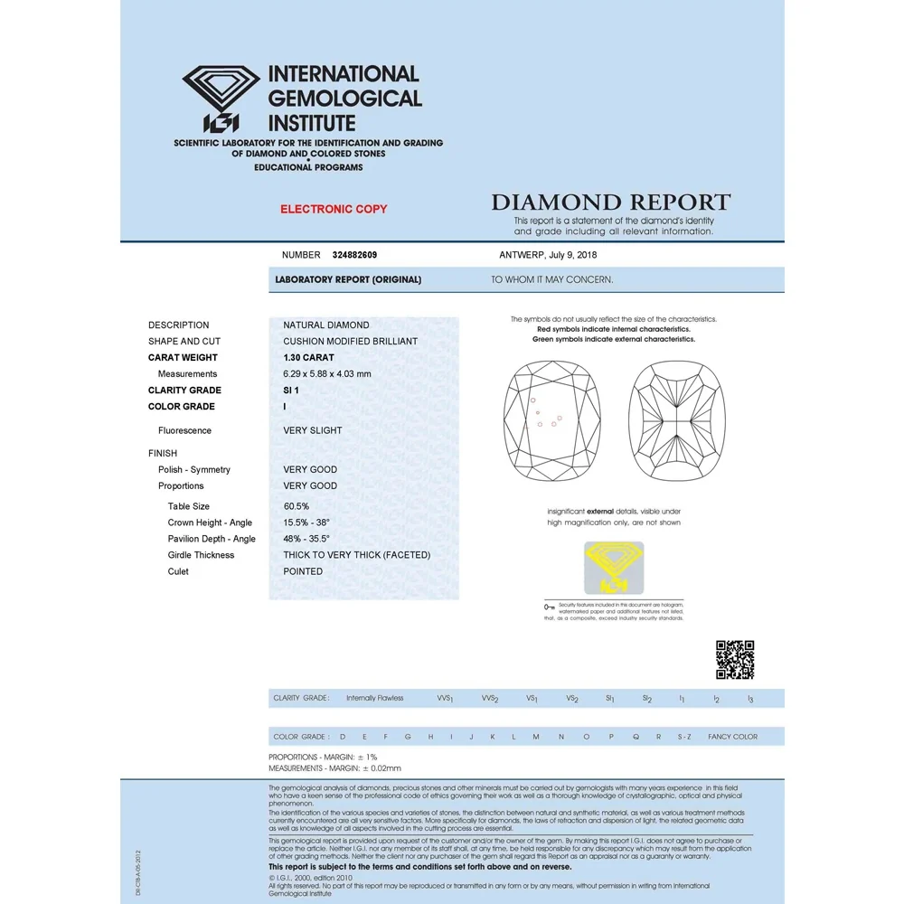 1.30 Carat I Color SI1 Clarity IGI Certified Natural Cushion Cut Diamond - Image 2