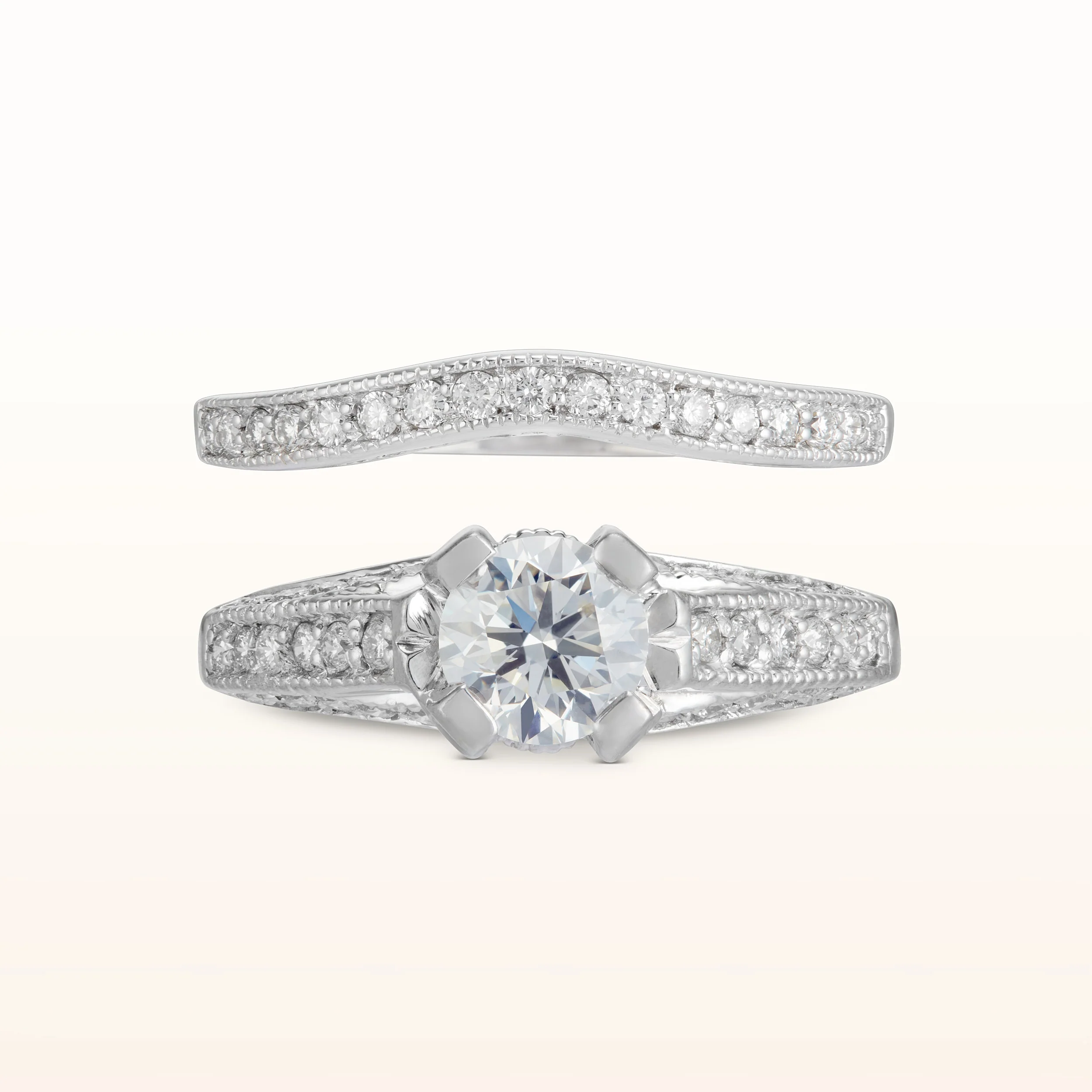 2.05 ctw Round Diamond Milgrain Engagement Ring and Wedding Band Set in 14kt White Gold