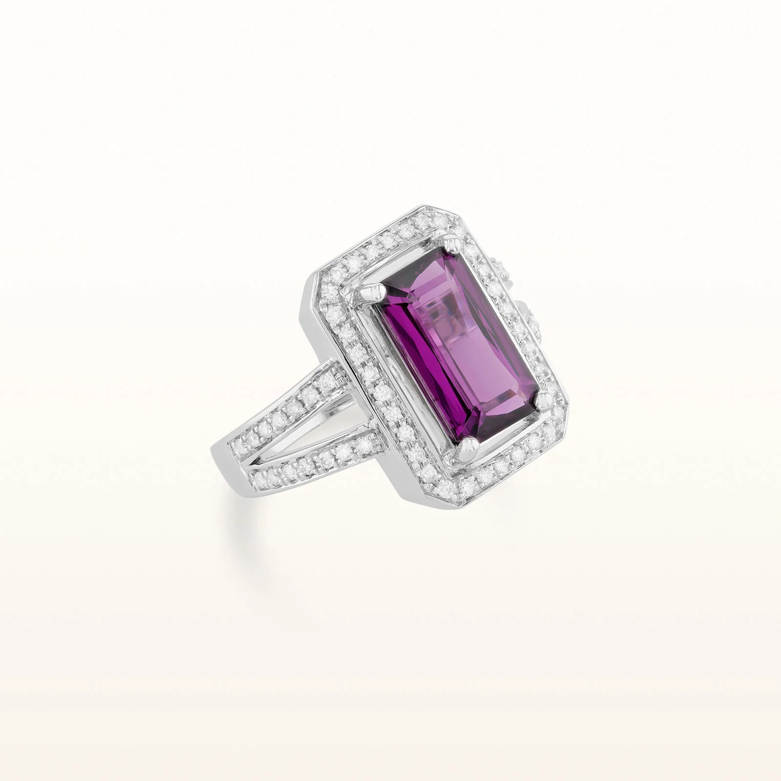 3.53 ctw Emerald Cut Rhodolite Garnet and Diamond Halo Split Shank Ring in 14K White Gold - Image 2
