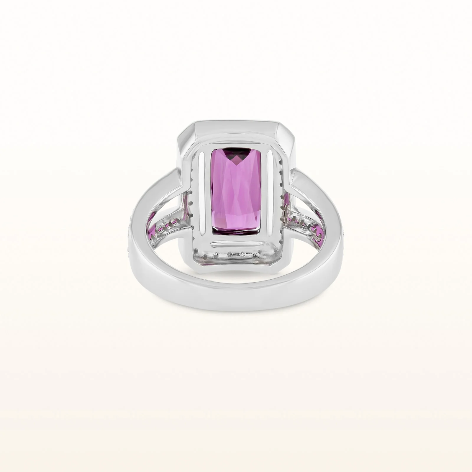 3.53 ctw Emerald Cut Rhodolite Garnet and Diamond Halo Split Shank Ring in 14K White Gold - Image 3