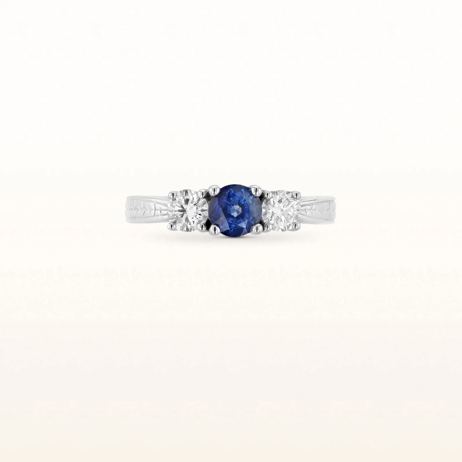 3-Stone Blue Sapphire and Diamond Engraved Ring in 14kt White Gold - Image 7