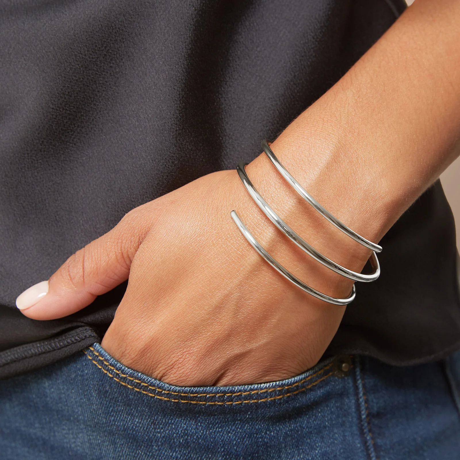 925 Sterling Silver 3-Row Spiral Cuff Bracelet - Image 4