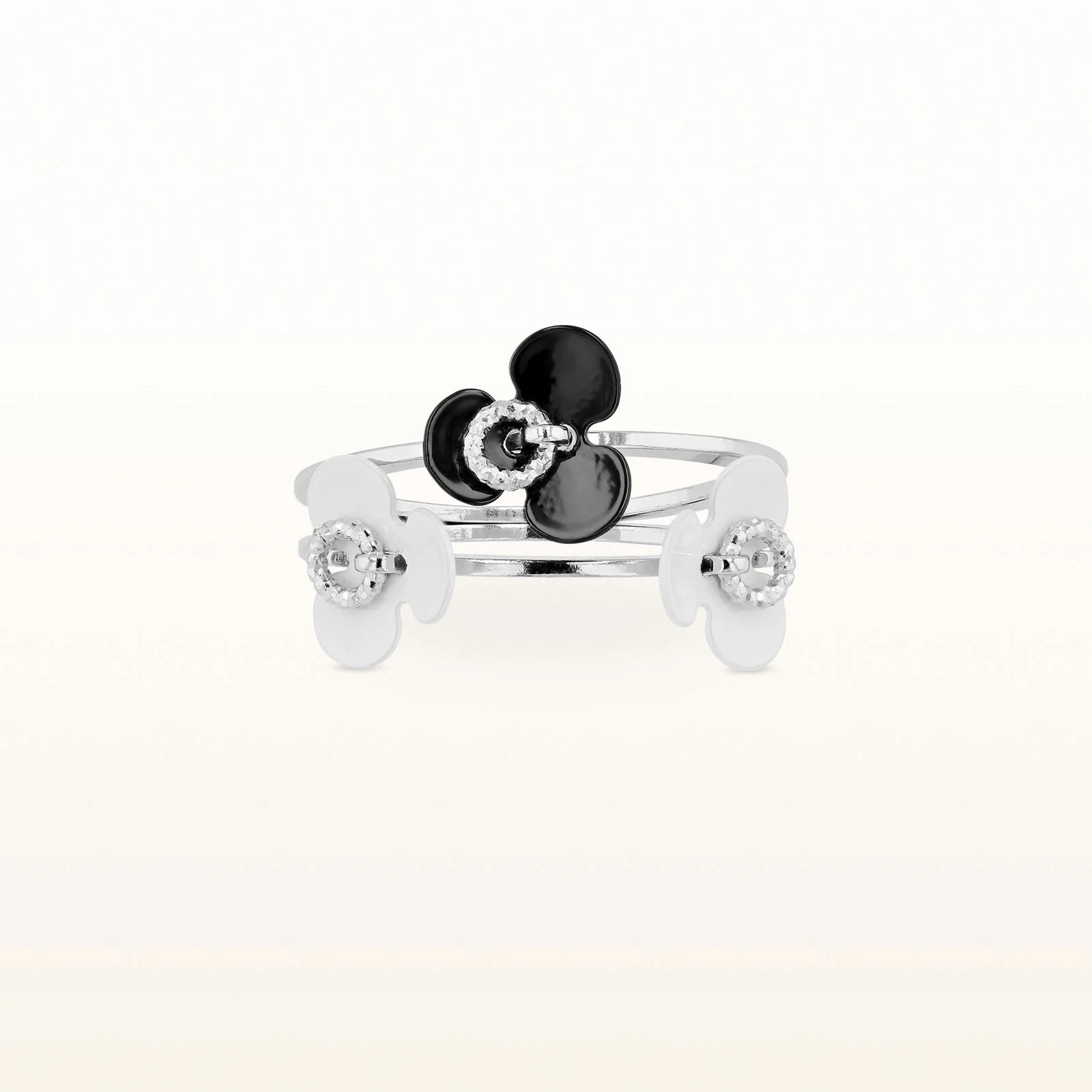 925 Sterling Silver with White and Black Enamel Clover Ring
