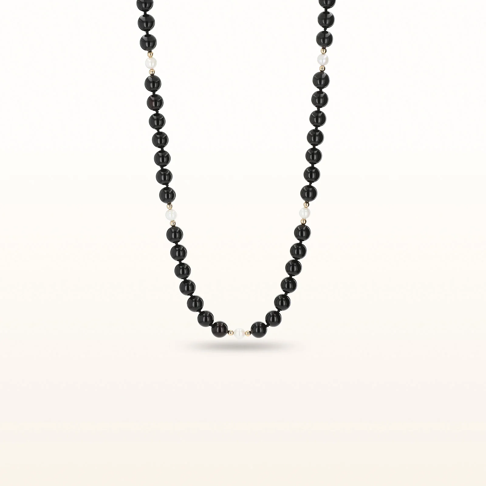 Black Onyx Bead and Pearl Necklace in 14kt Yellow Gold