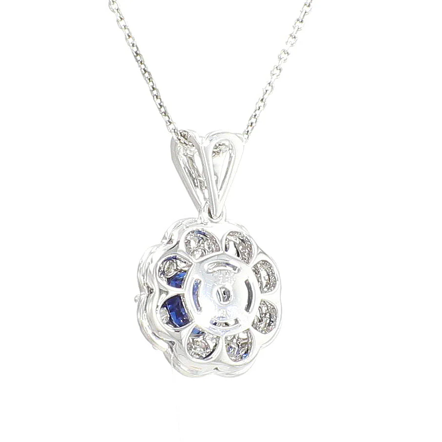 Blue Sapphire and Diamond Scalloped Halo Pendant in 18K White Gold - Image 4