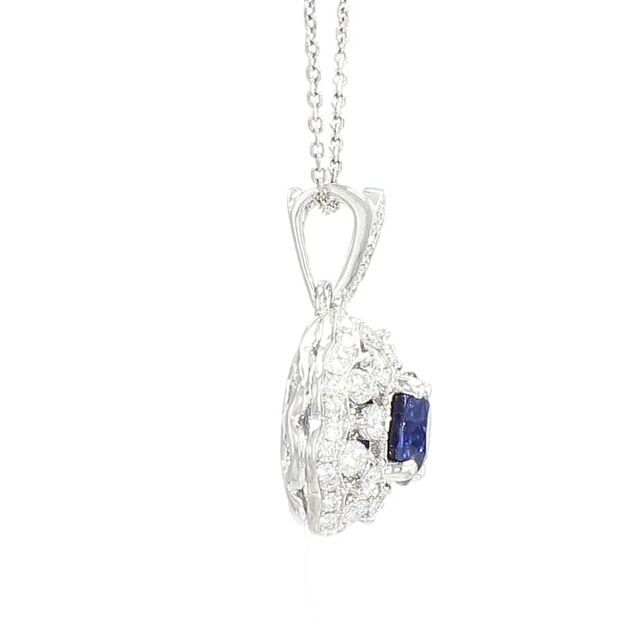 Blue Sapphire and Diamond Scalloped Halo Pendant in 18K White Gold - Image 5
