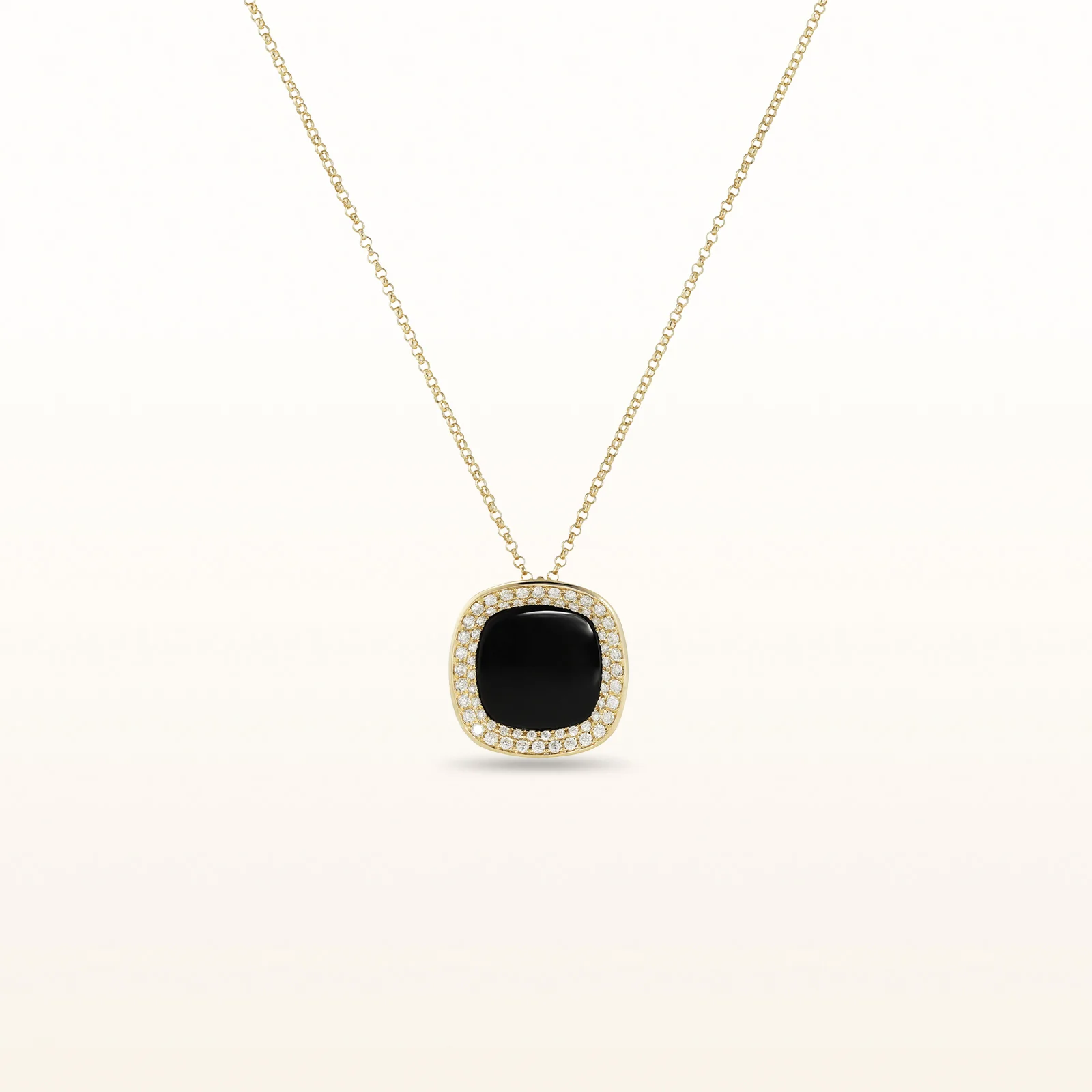 Cushion Black Onyx and Diamond Halo Pendant in 14kt Yellow Gold