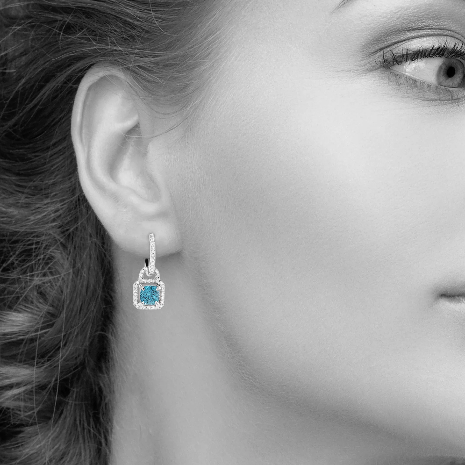 Cushion Cut Blue Zircon and Diamond Drop Earrings in 14kt White Gold - Image 3