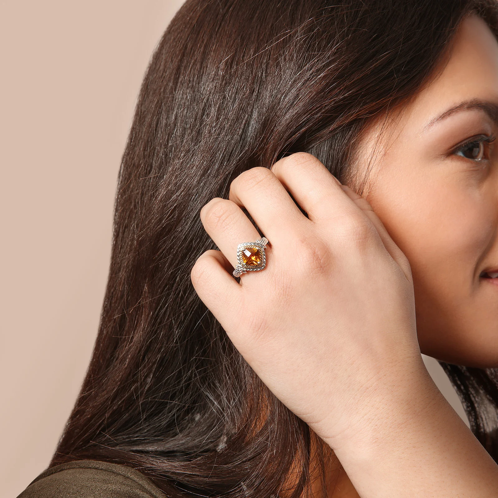Cushion Cut Citrine Rope Style Ring in Sterling Silver with 14kt Yellow Gold Accents - Image 3