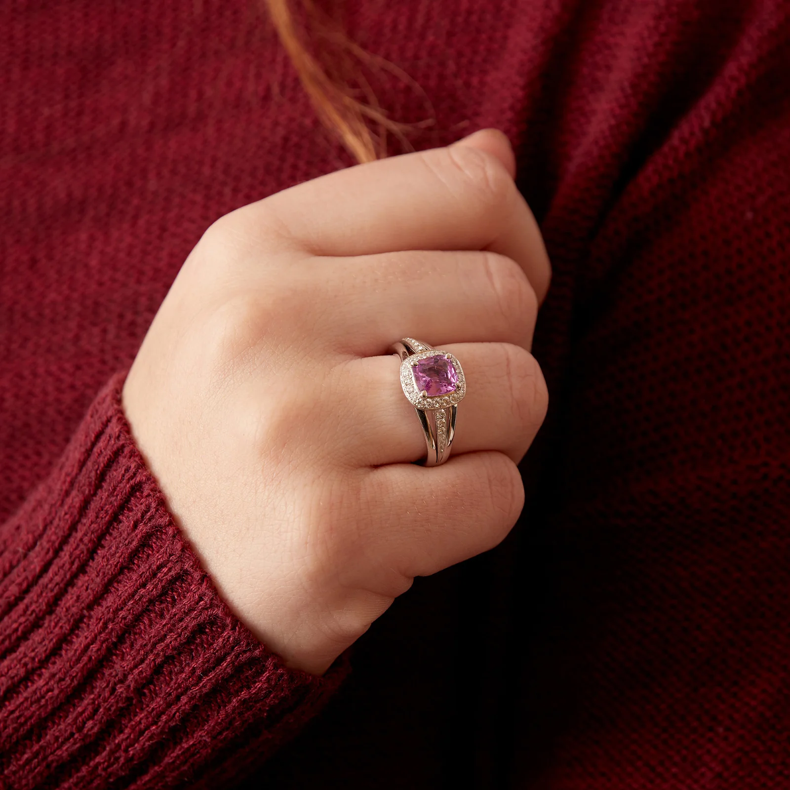 Cushion Cut Pink Sapphire and Diamond Ring in 18kt White Gold - Image 5
