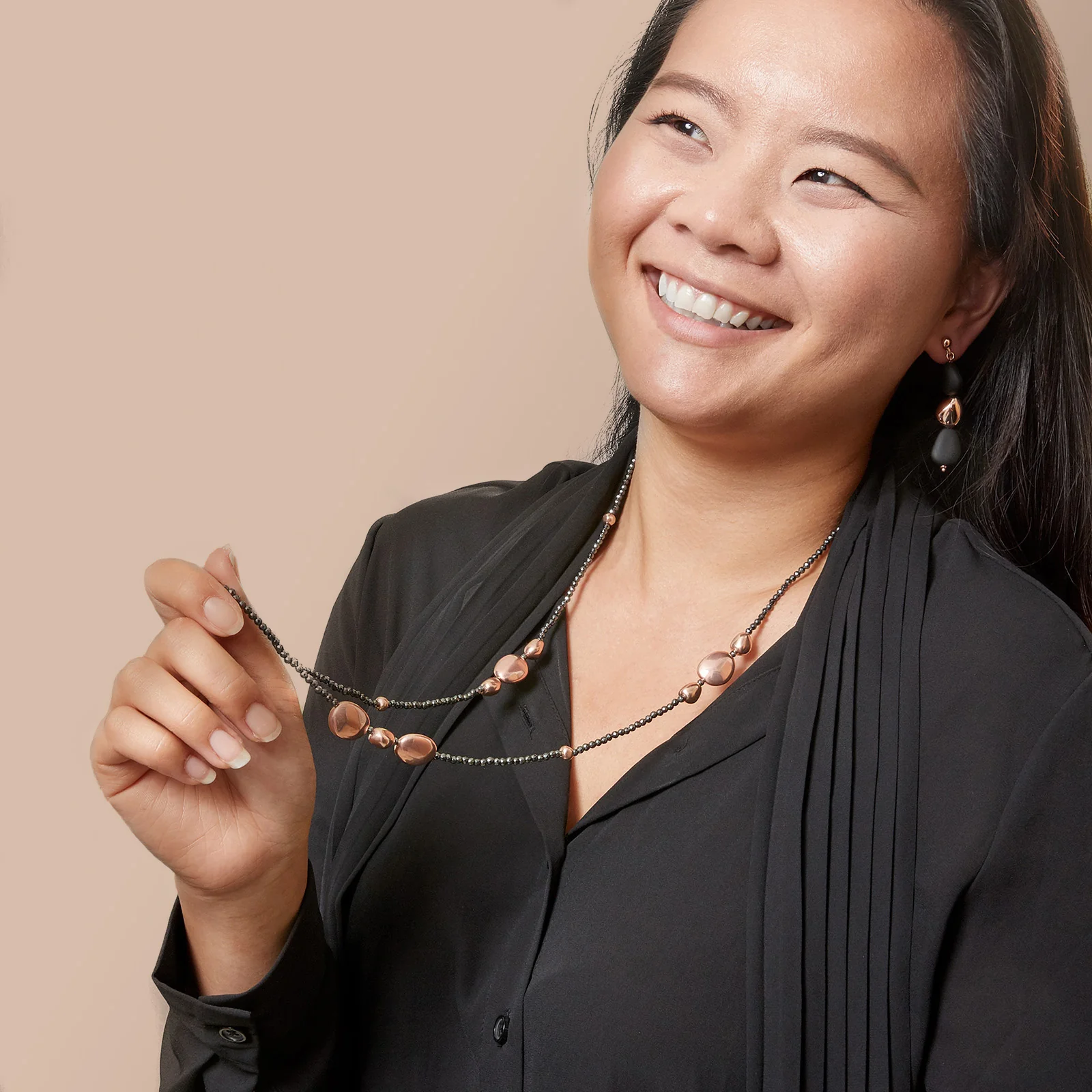 Diamond Cut Blackened Sterling Silver Beaded Necklace with Rose Gold Plated Accents - Image 4