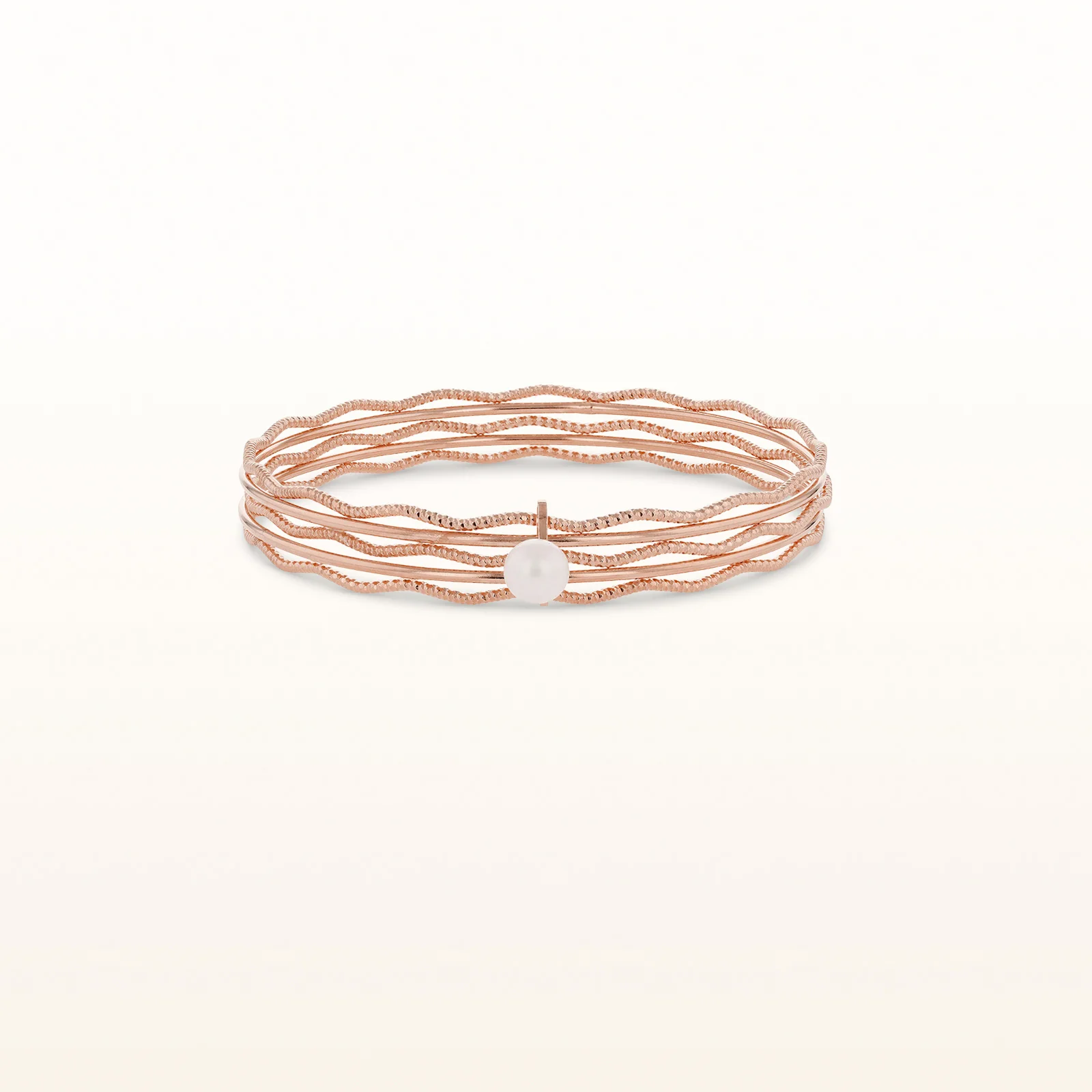 Freshwater Cultured Pearl and Rose Gold Plated 925 Sterling Silver Multi-Row Textured Bangle Bracelet - Image 6