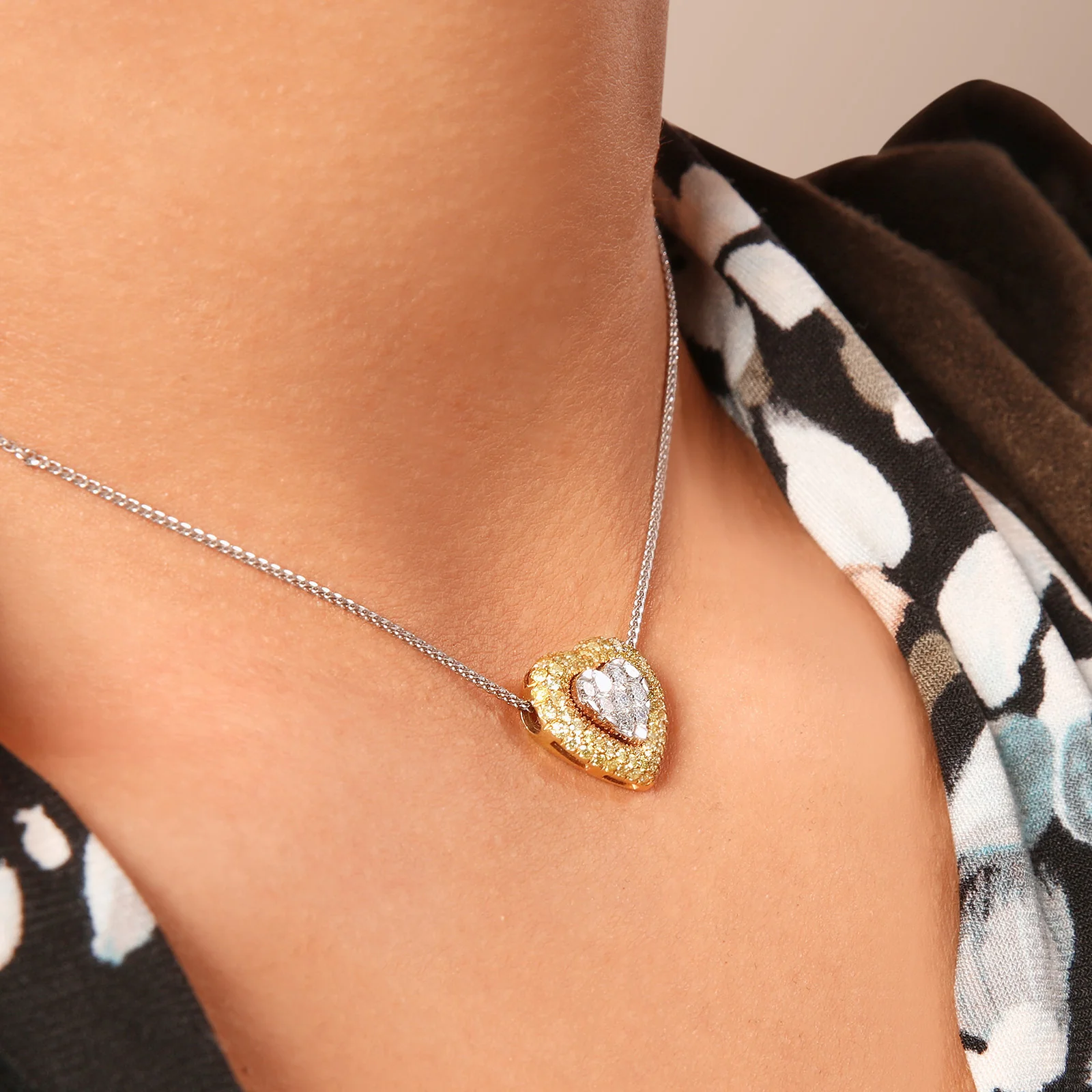 Heart Shaped Yellow and White Diamond Pendant in Two-Tone 18kt Gold - Image 3