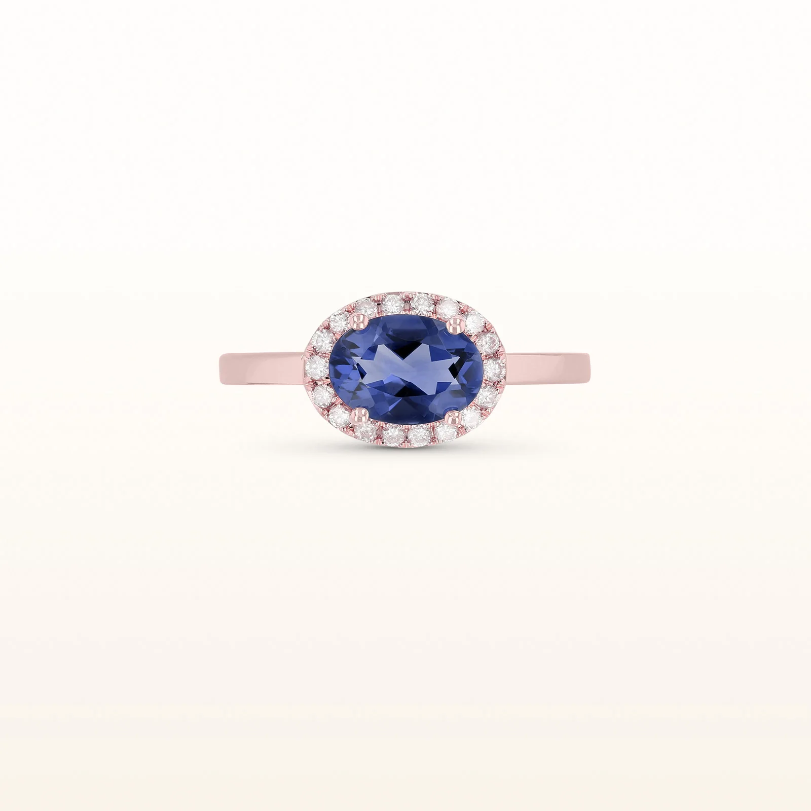 Horizontal Gemstone and Diamond Halo Ring in 14kt Rose Gold - Image 7