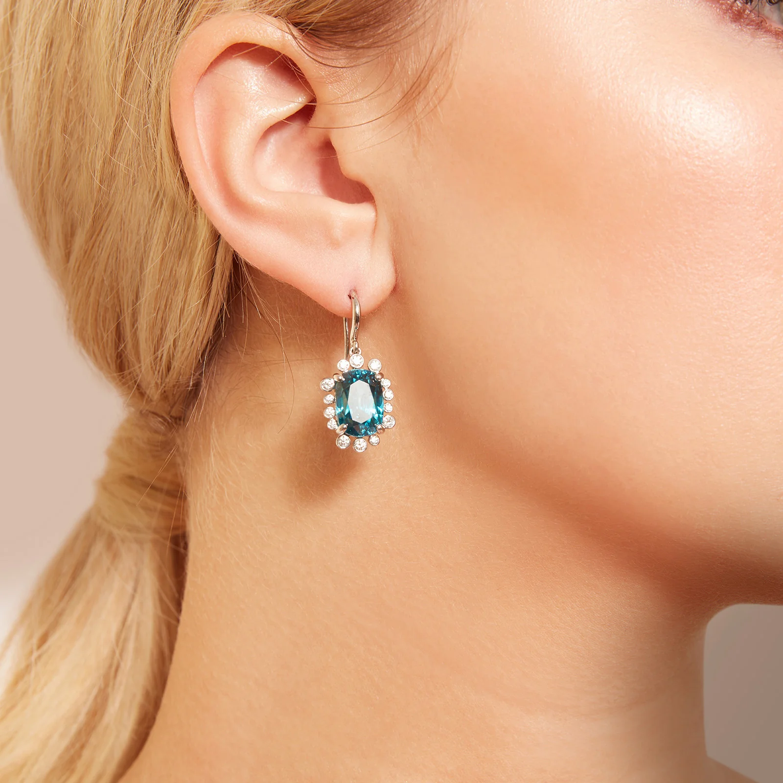 One-of-a-Kind Blue Zircon and Diamond Halo Drop Earrings in 14kt White Gold - Image 4