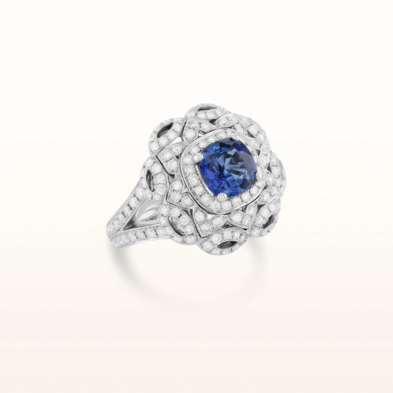 One-of-a-Kind Cushion Cut Blue Sapphire and Diamond Floral-Inspired Statement Ring in 18kt White Gold - Image 2