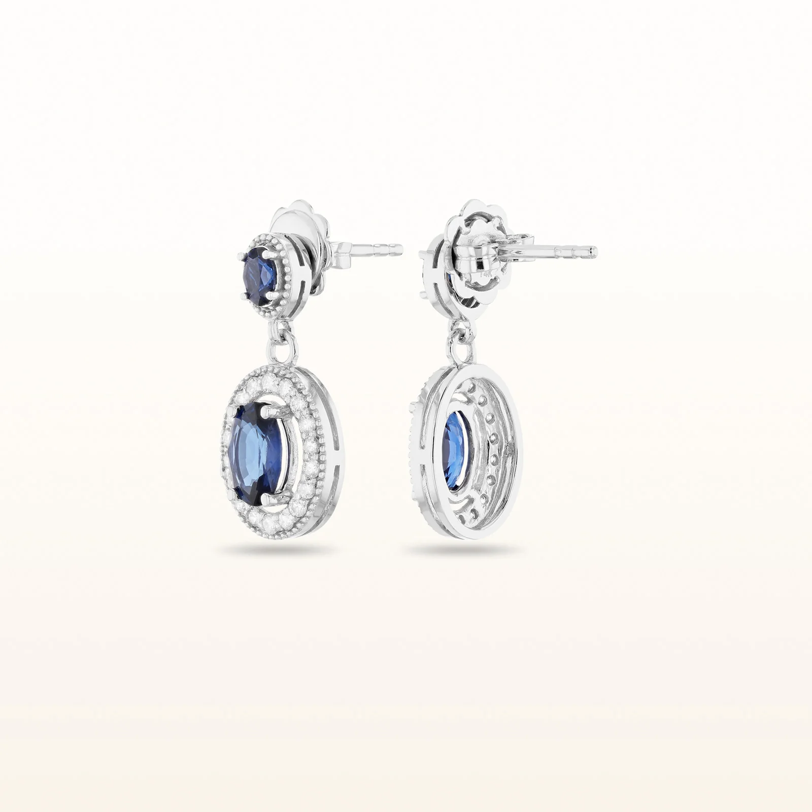Oval Blue Sapphire and Diamond Halo Drop Earrings in 14kt White Gold - Image 2
