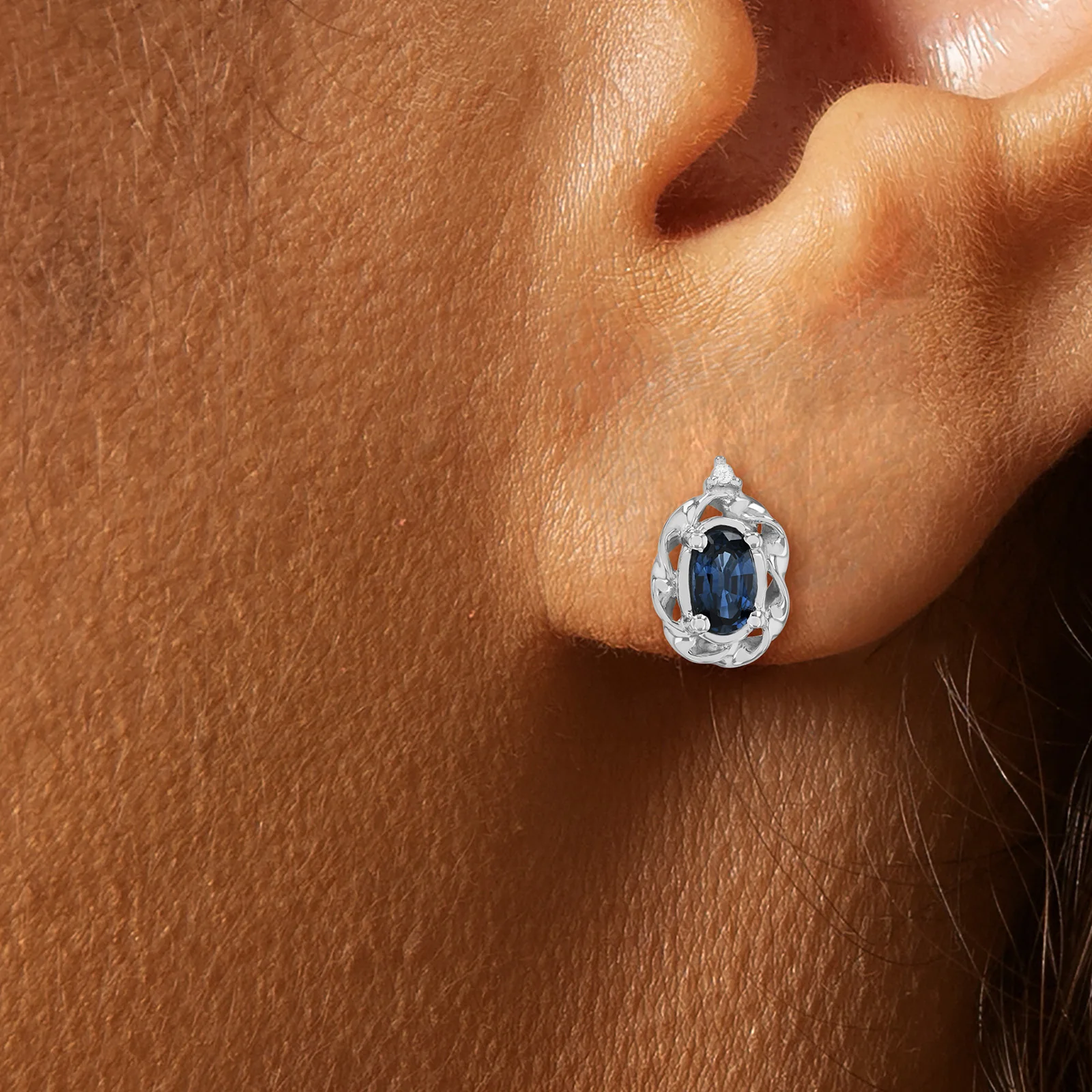 Oval Blue Sapphire Earrings with Diamond Accents in 14kt White Gold - Image 3