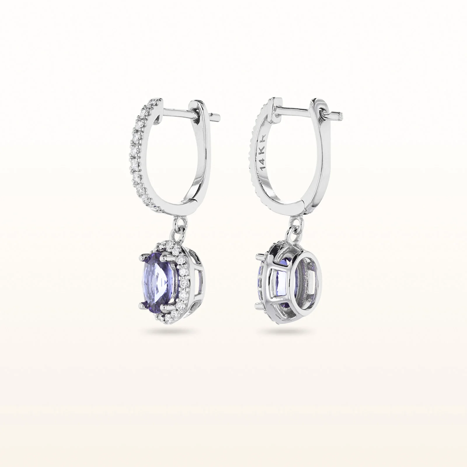 Oval Tanzanite and Diamond Halo Dangle Earrings in 14kt White Gold - Image 2