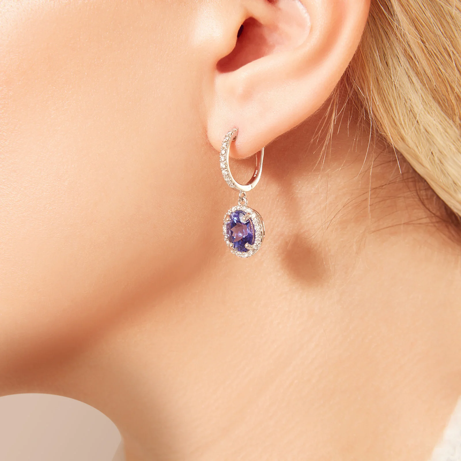 Oval Tanzanite and Diamond Halo Dangle Earrings in 14kt White Gold - Image 4