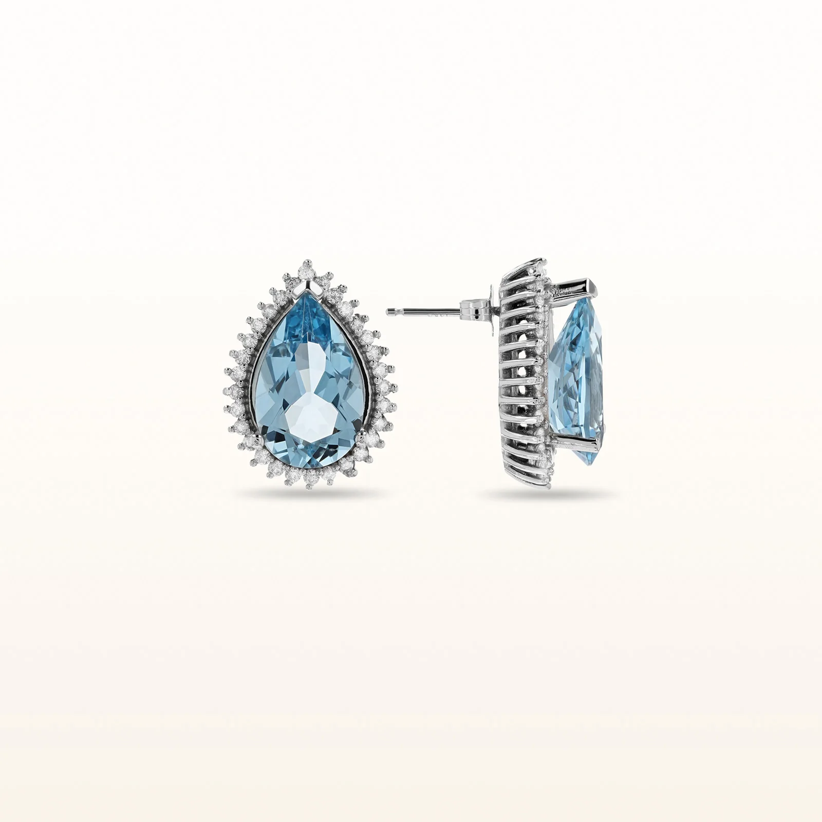Pear Shaped Blue Topaz and Diamond Halo Stud Earrings in 14kt White Gold