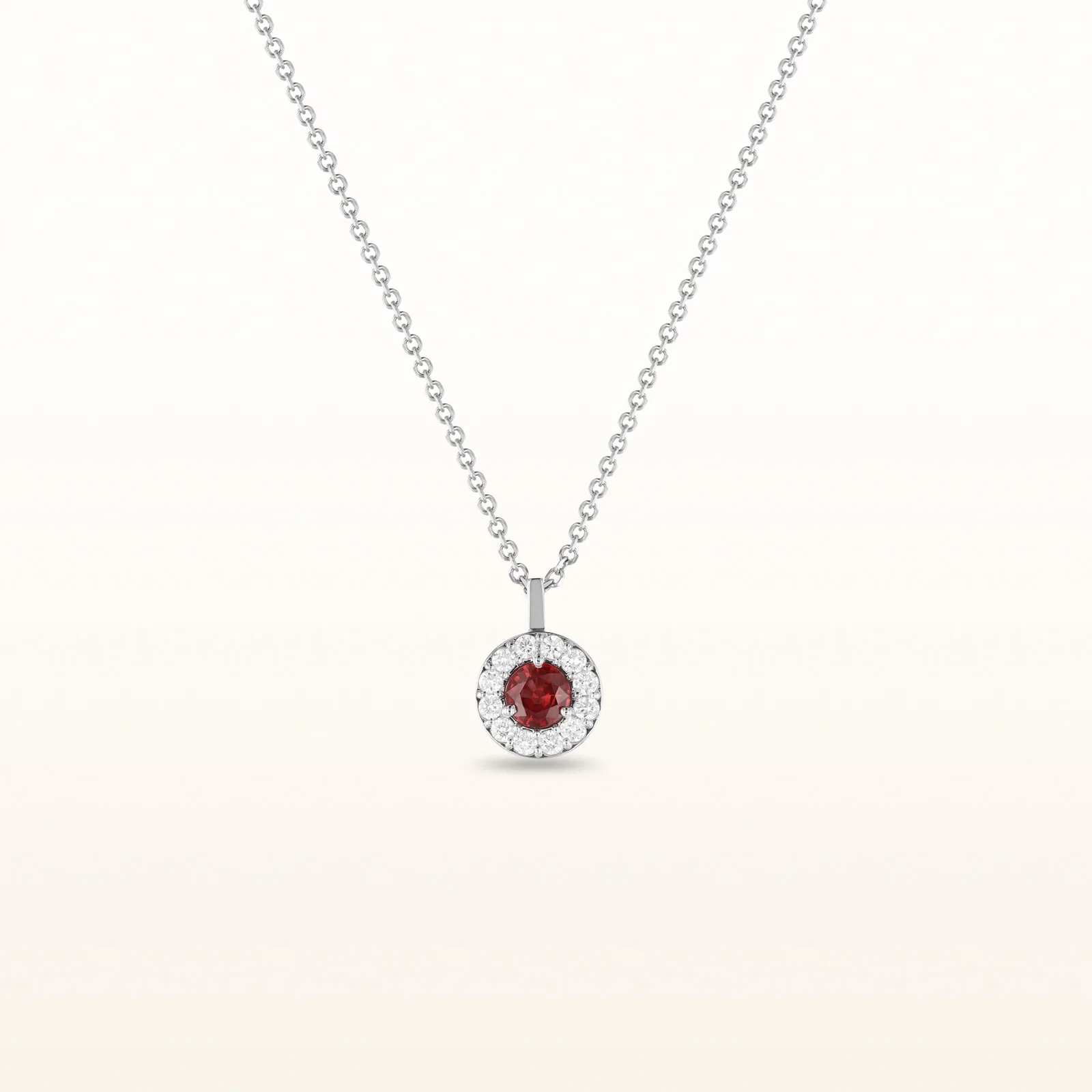 Round 4.2 mm Ruby and Diamond Margarita Halo Pendant in 14kt White Gold