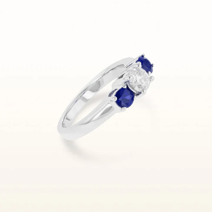 Round Diamond and Blue Sapphire Three-Stone Ring in 14K White Gold - Image 2
