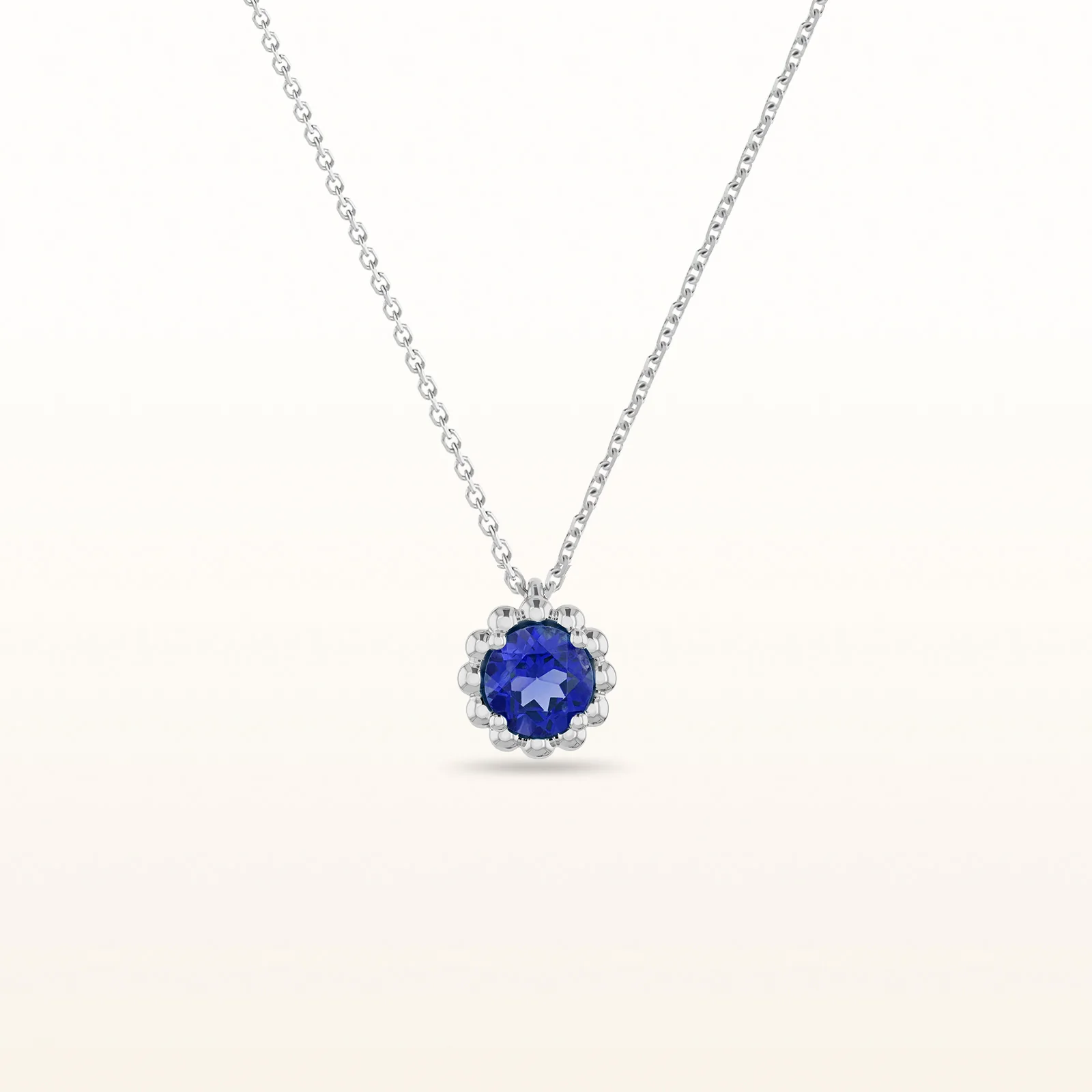 Round Sapphire Beaded Halo Pendant in 14kt White Gold - Image 4