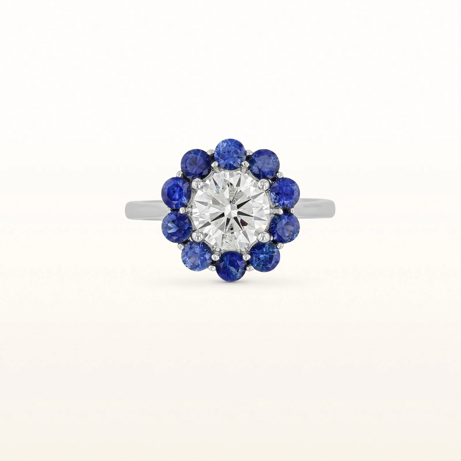 Round Diamond Ring with Blue Sapphire Halo in 14kt White Gold - Image 4