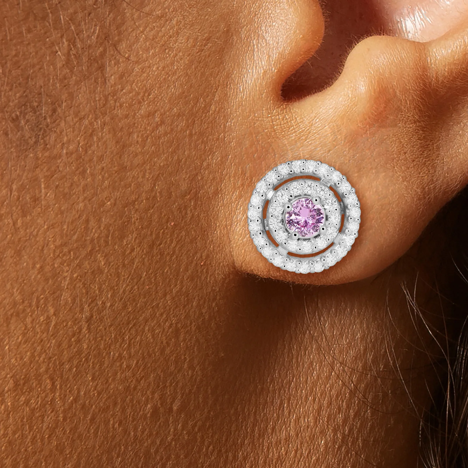 Round Pink Sapphire and Diamond Double Halo Earrings in 14kt White Gold - Image 3