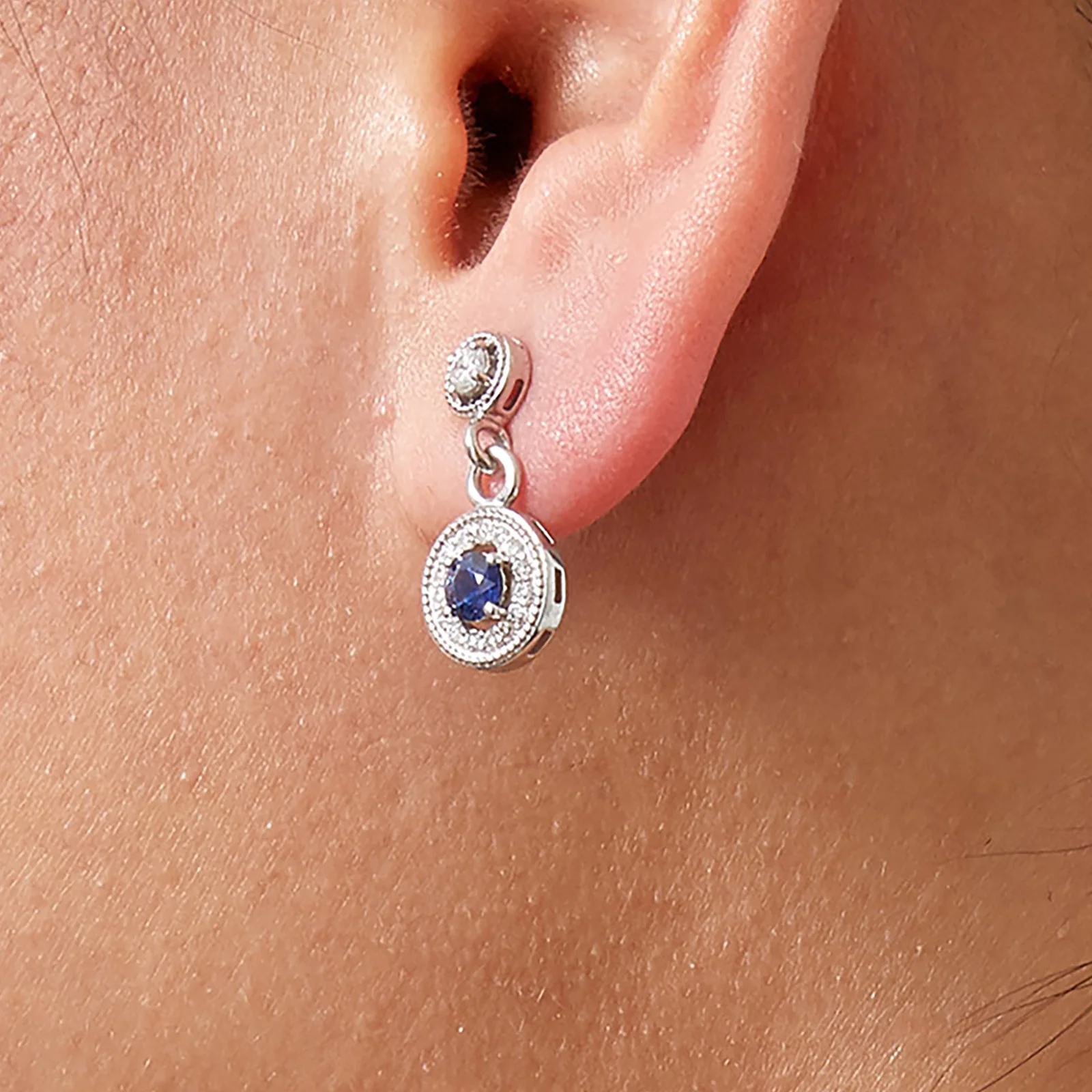Round Sapphire and Diamond Halo Dangle Earrings in 14kt White Gold - Image 4