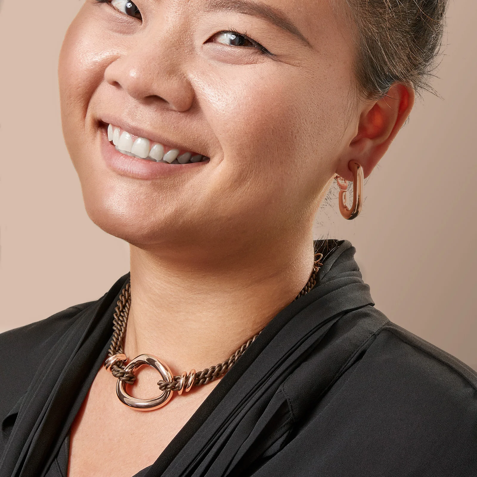 Rubber and Rose Gold Plated 925 Sterling Silver Oval Link and Double Strand Collar Necklace - Image 4