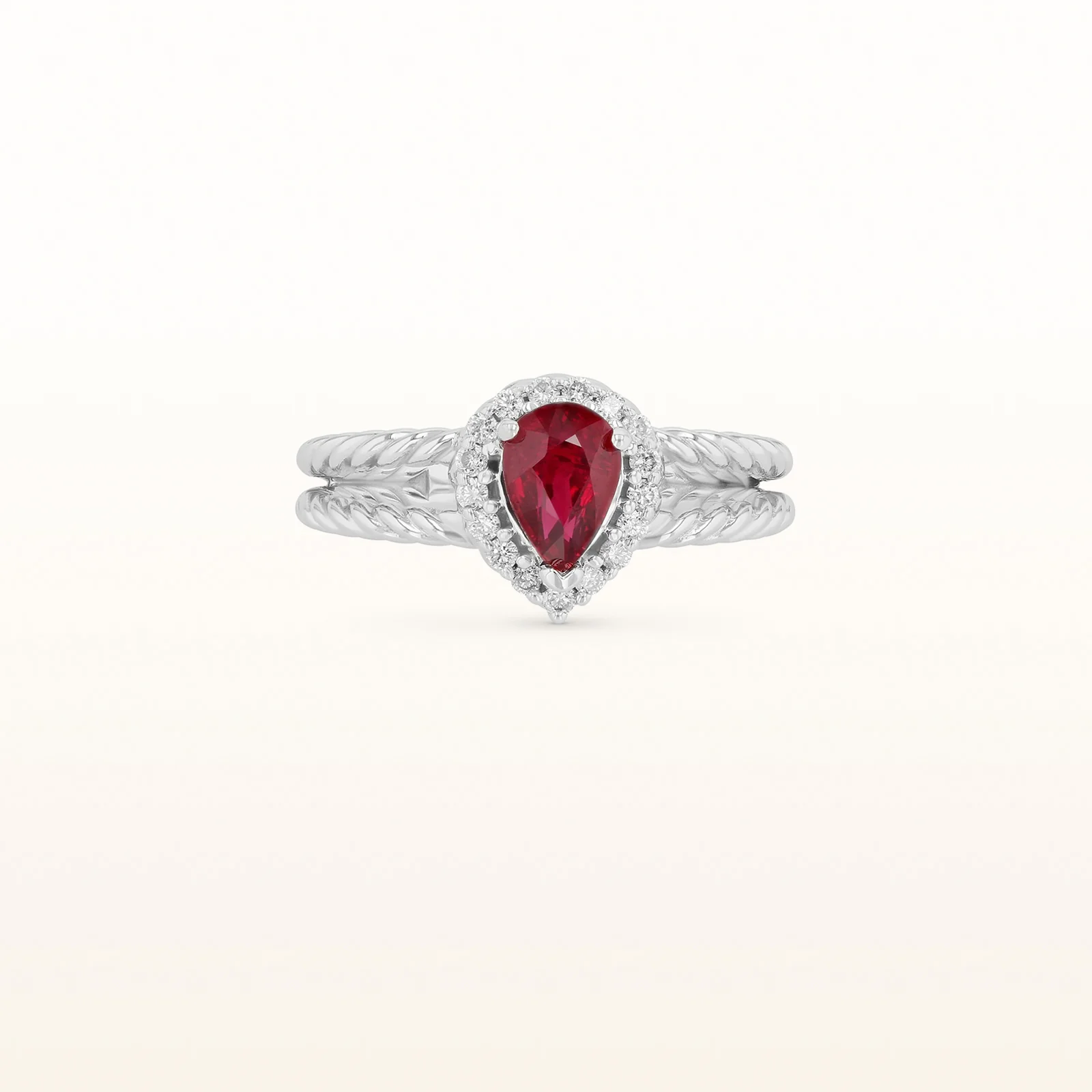 Ruby and Diamond Halo Split Shank Ring in 14kt White Gold