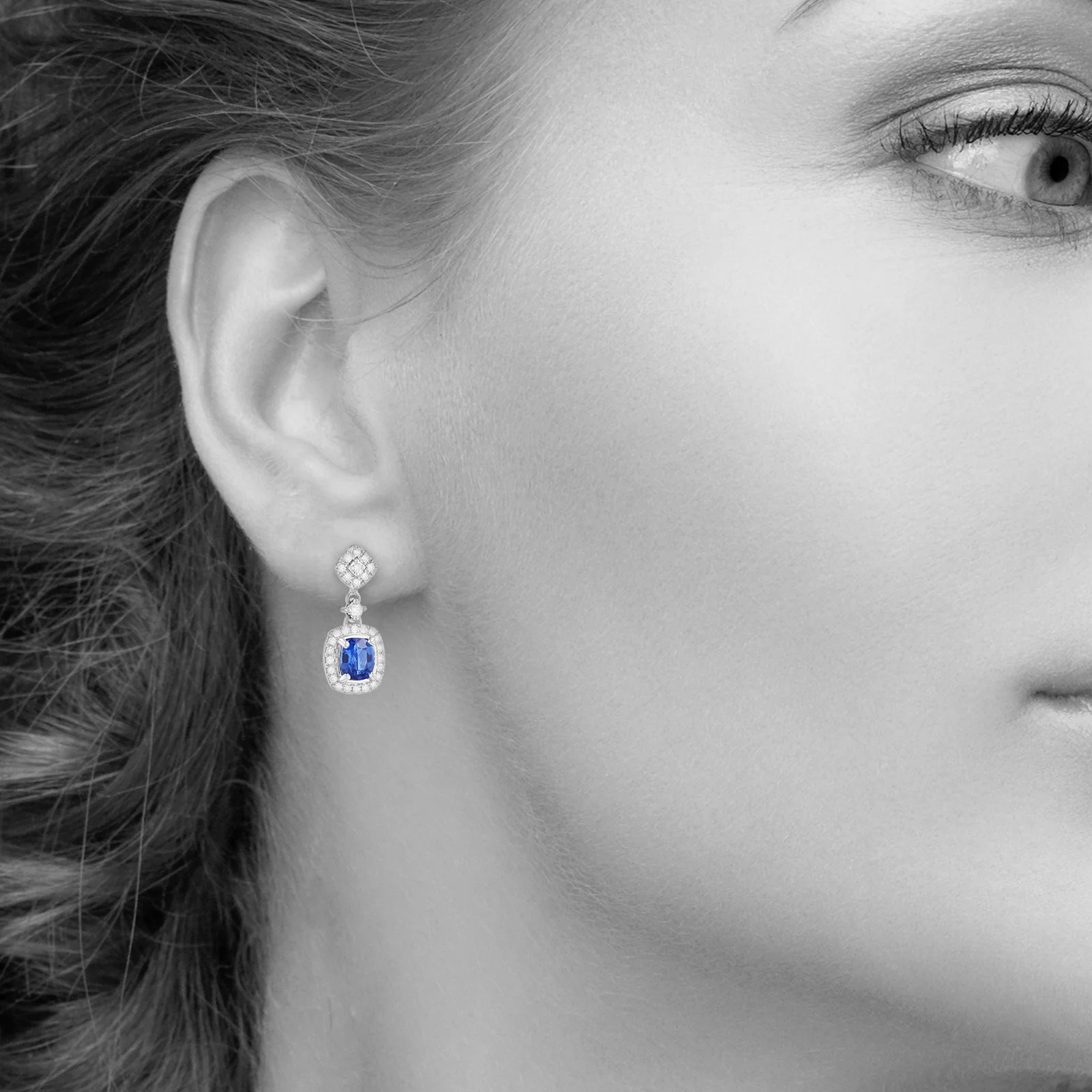 Signature Blue Sapphire and Diamond Halo Earrings in 14kt White Gold - Image 3