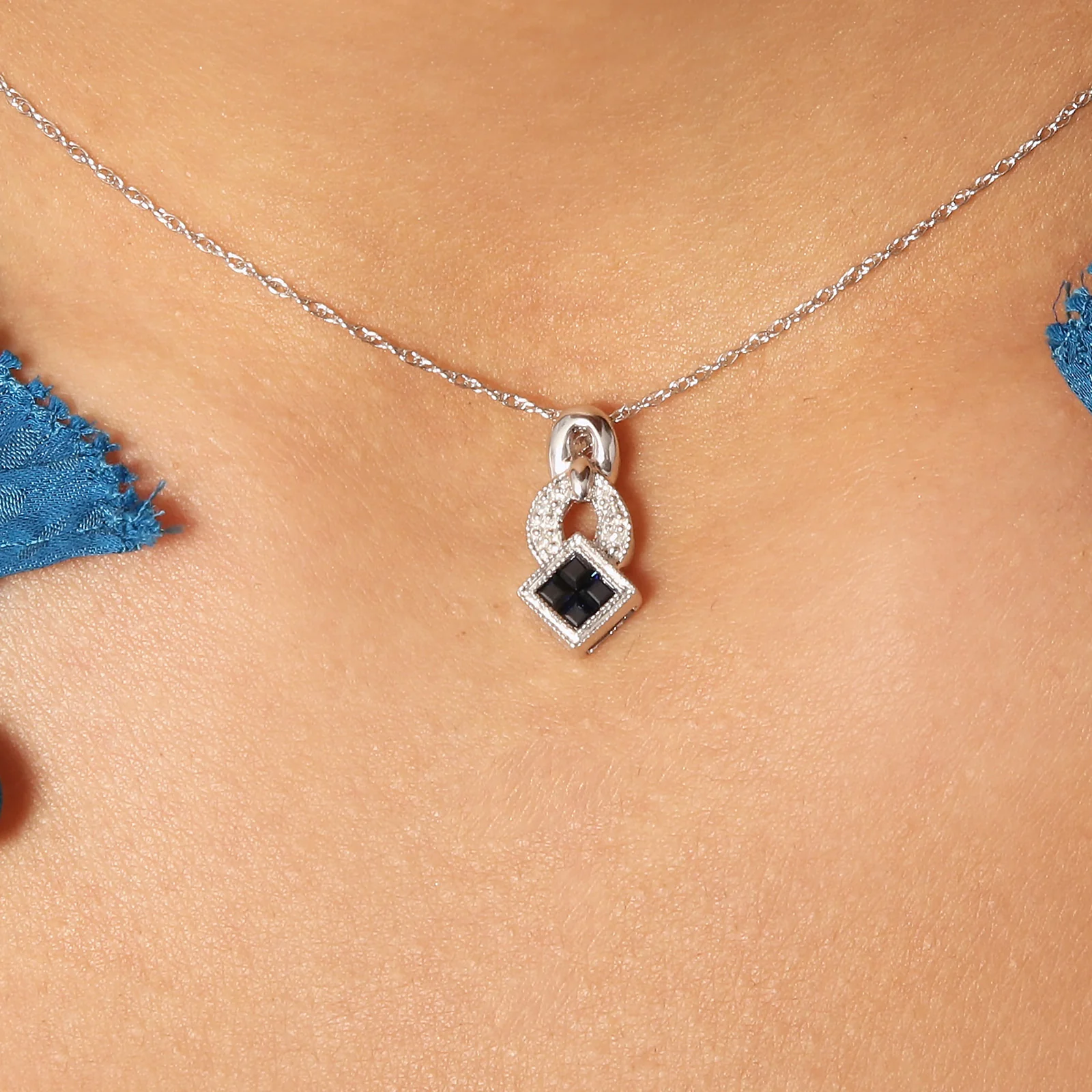 Square Blue Sapphire and Diamond Pendant in 14kt White Gold - Image 5