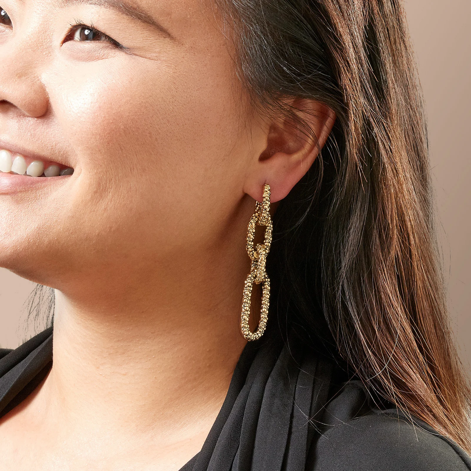 Yellow Gold Plated 925 Sterling Silver Elongated Open Link Popcorn Texture Drop Earrings - Image 3