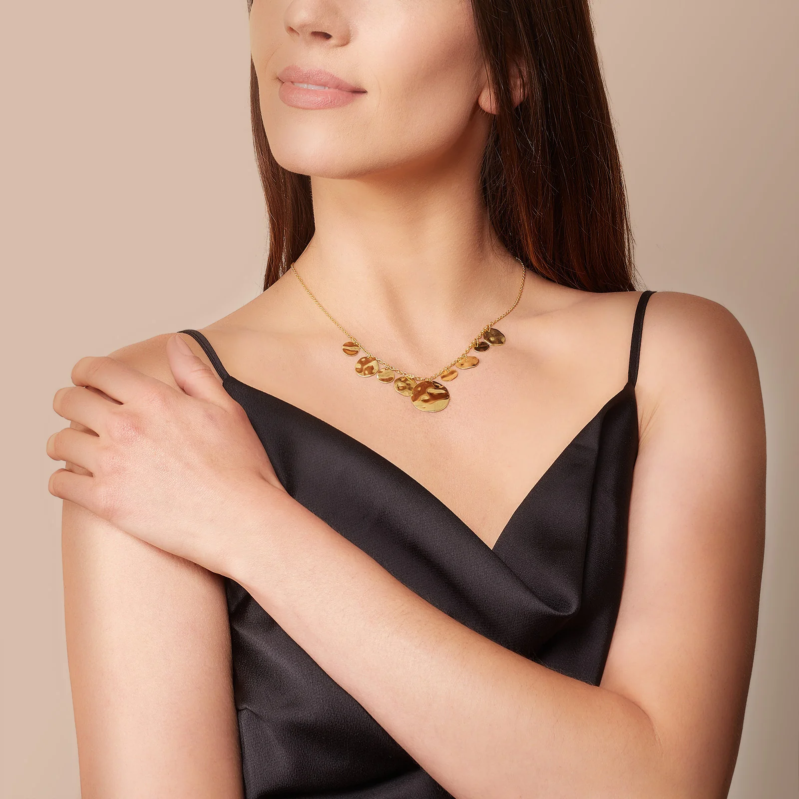 Yellow Gold Plated 925 Sterling Silver Hammered Disc Necklace - Image 5