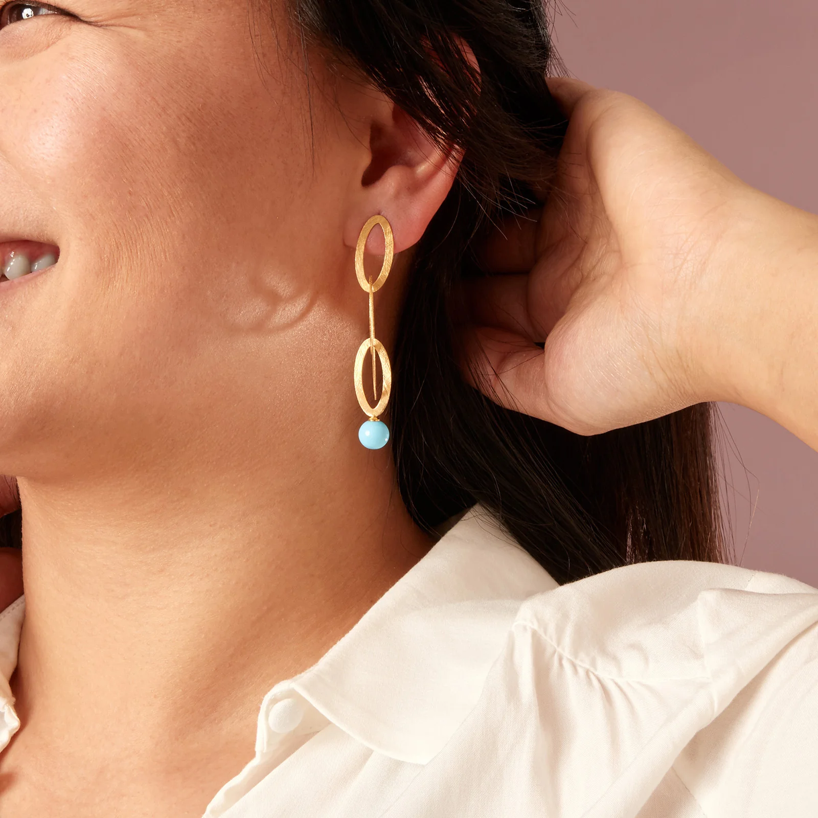Yellow Gold Plated 925 Sterling Silver Oval Drop and Turquoise Bead Earrings - Image 4
