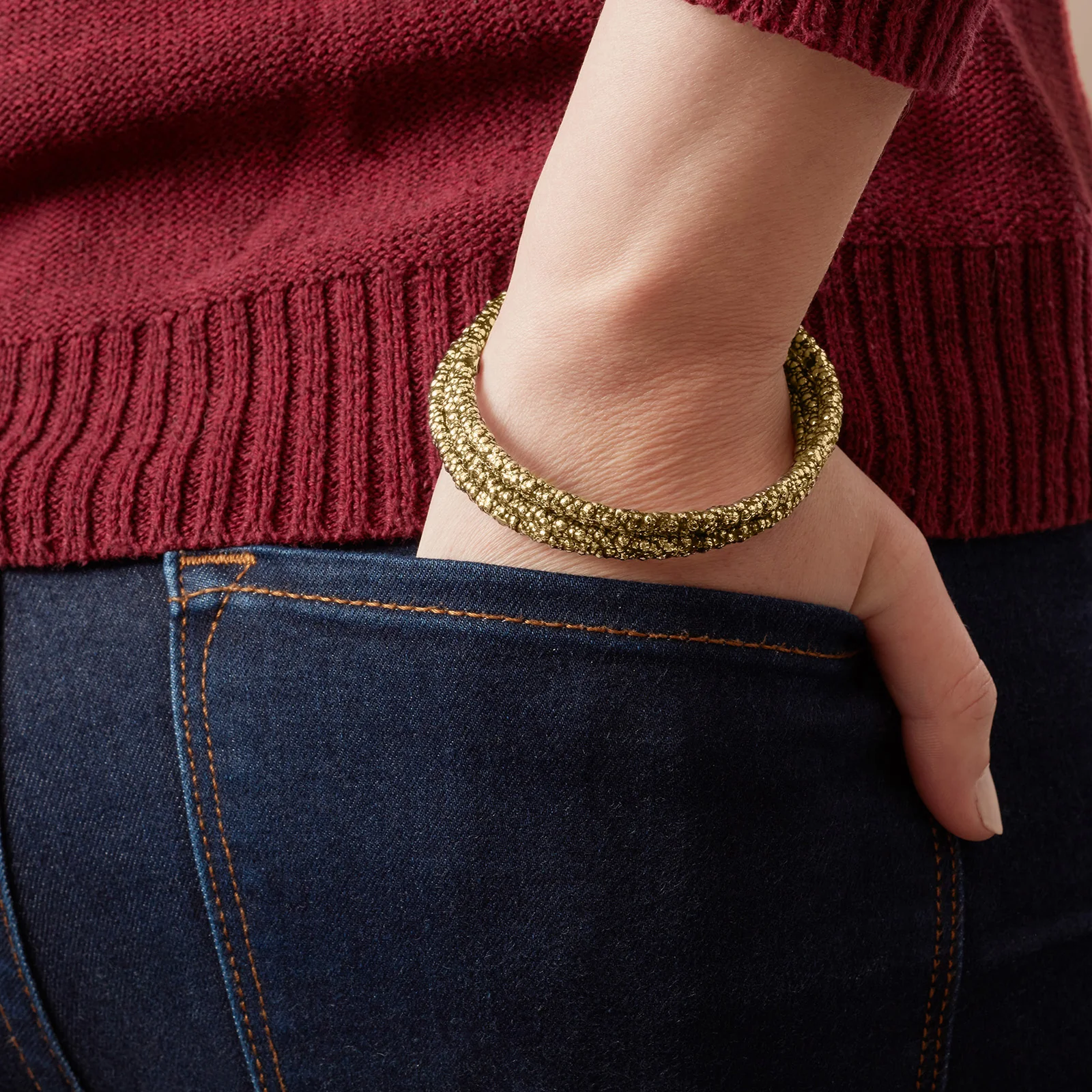 Yellow Gold Plated 925 Sterling Silver Popcorn Textured Bangle Bracelet - Image 5