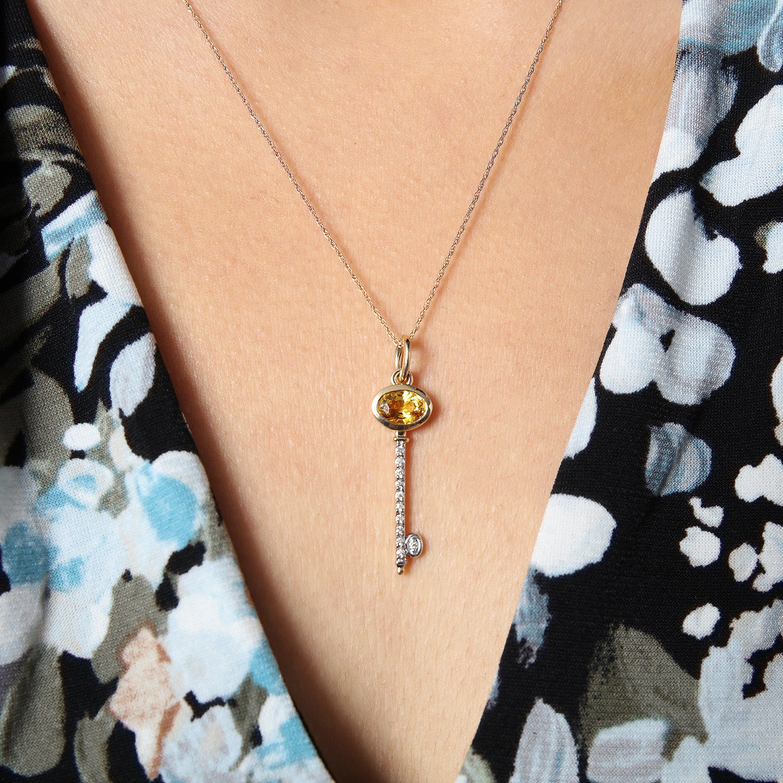 Yellow Sapphire and Diamond Skeleton Key Pendant in 14kt Yellow Gold - Image 4